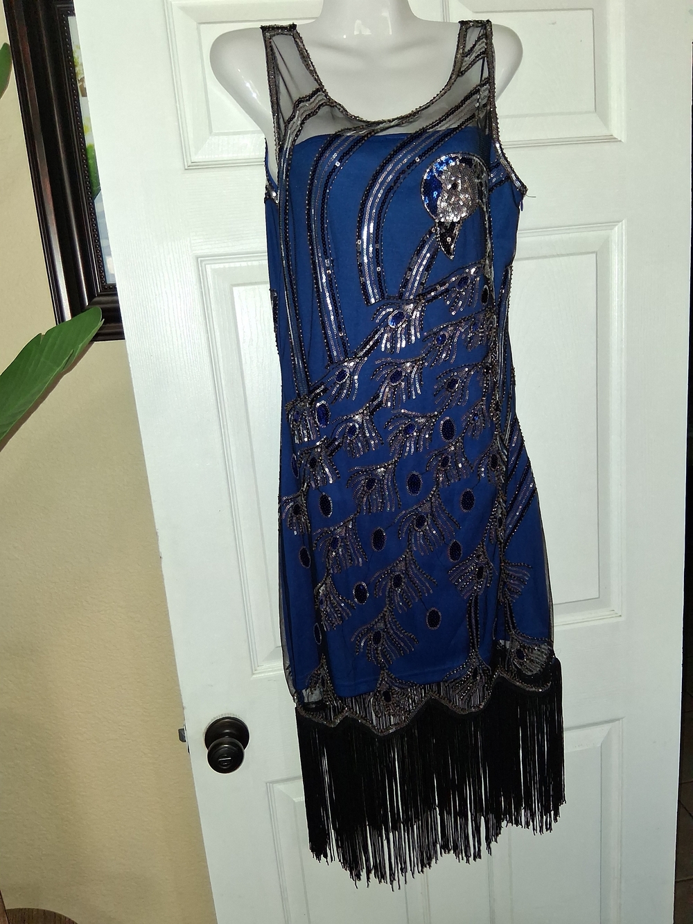 BABEYOND Vintage-Inspired 1920s Peacock Flapper Dress Blue Sequin Medium